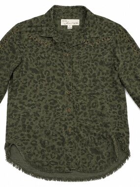 Vintage Havana Olive Leopard Print Studded Button-Up Shirt | Size Small